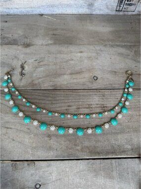 Ann Taylor Gold Tone Turquoise & Clear Rhinestone Double Chain Necklace‎
